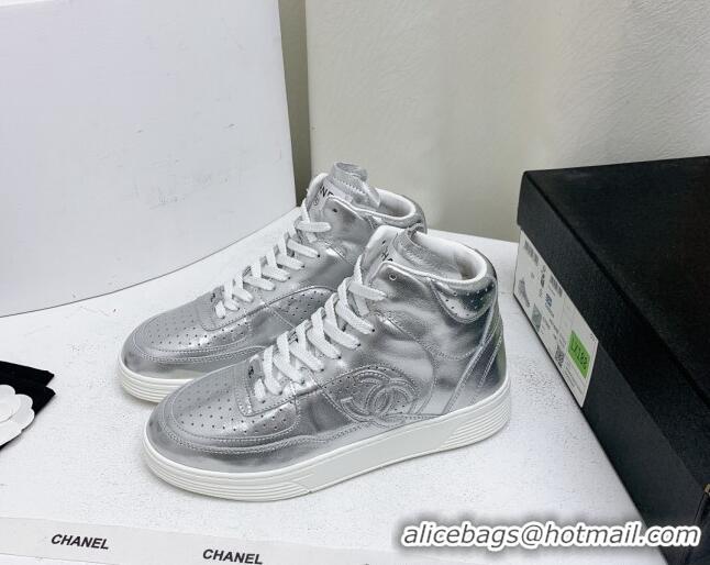 Good Looking Chanel Metallic Calfskin High-Top Sneakers G45353 Silver 224072