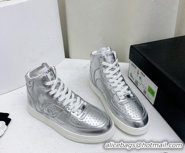 Good Looking Chanel Metallic Calfskin High-Top Sneakers G45353 Silver 224072