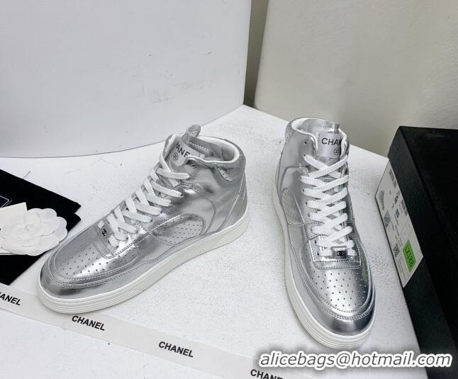 Good Looking Chanel Metallic Calfskin High-Top Sneakers G45353 Silver 224072