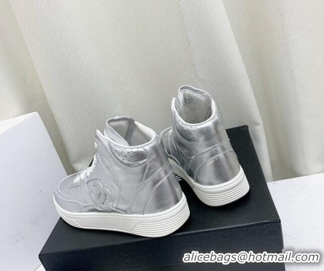 Good Looking Chanel Metallic Calfskin High-Top Sneakers G45353 Silver 224072