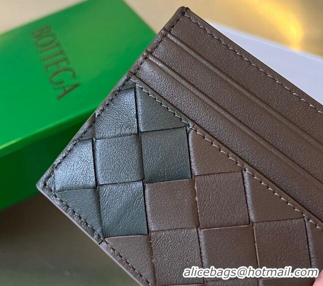 New Fashion Bottega Veneta Intrecciato Leather Credit Card Case 743209 Light brown/Dark green 2024