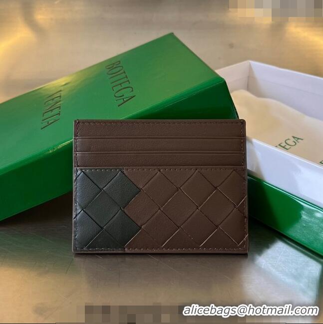 New Fashion Bottega Veneta Intrecciato Leather Credit Card Case 743209 Light brown/Dark green 2024