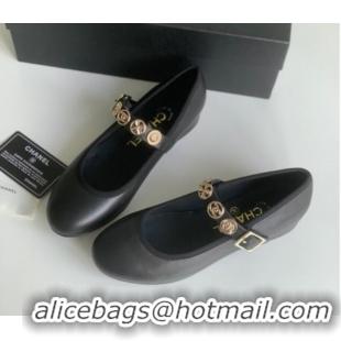 Perfect Chanel Mary Janes Shoes with Badge in Calfskin Leather Black 031105