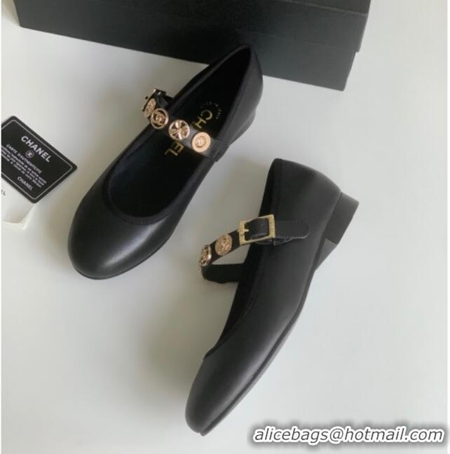 Perfect Chanel Mary Janes Shoes with Badge in Calfskin Leather Black 031105