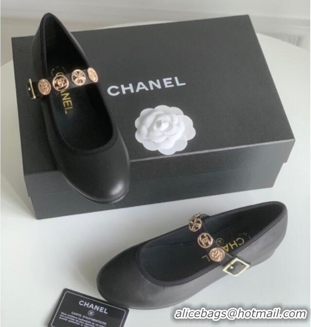 Perfect Chanel Mary Janes Shoes with Badge in Calfskin Leather Black 031105