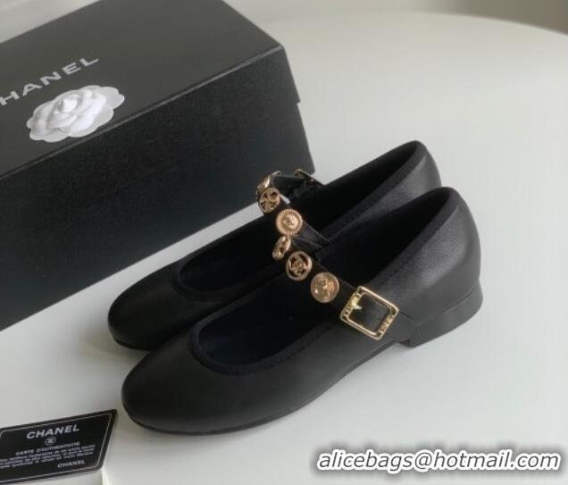 Perfect Chanel Mary Janes Shoes with Badge in Calfskin Leather Black 031105