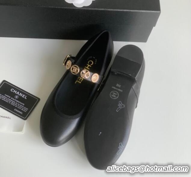 Perfect Chanel Mary Janes Shoes with Badge in Calfskin Leather Black 031105