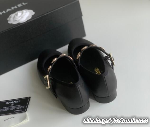 Perfect Chanel Mary Janes Shoes with Badge in Calfskin Leather Black 031105