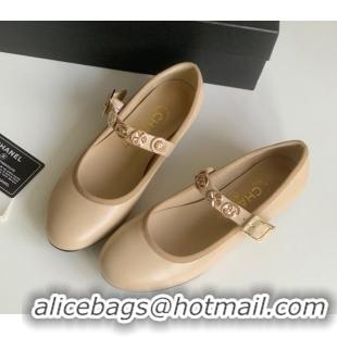 Best Grade Chanel Mary Janes Shoes with Badge in Calfskin Leather Beige 031106