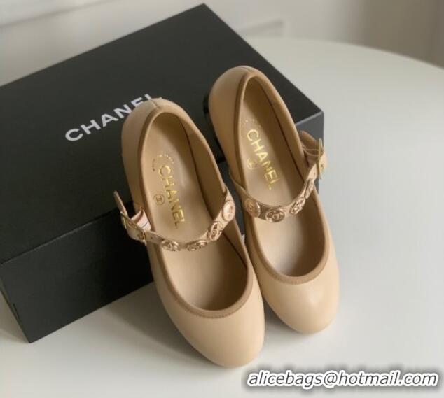 Best Grade Chanel Mary Janes Shoes with Badge in Calfskin Leather Beige 031106