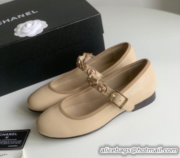 Best Grade Chanel Mary Janes Shoes with Badge in Calfskin Leather Beige 031106