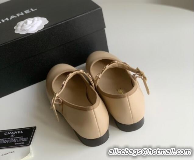 Best Grade Chanel Mary Janes Shoes with Badge in Calfskin Leather Beige 031106