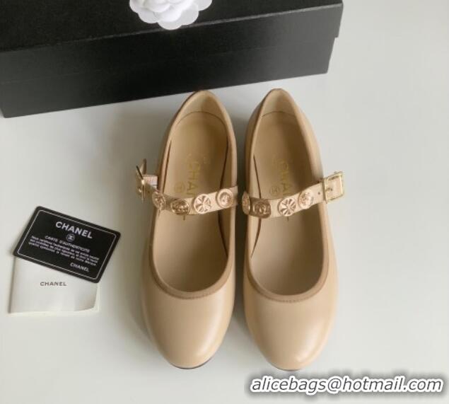 Best Grade Chanel Mary Janes Shoes with Badge in Calfskin Leather Beige 031106