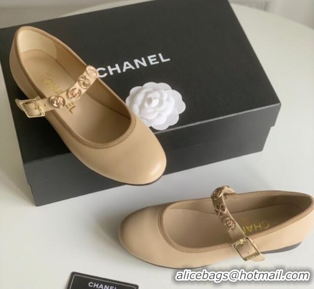 Best Grade Chanel Mary Janes Shoes with Badge in Calfskin Leather Beige 031106