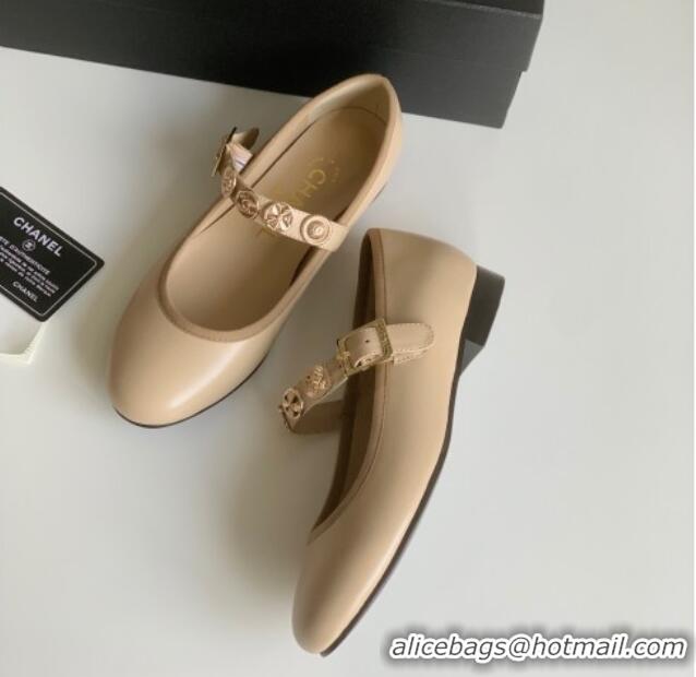 Best Grade Chanel Mary Janes Shoes with Badge in Calfskin Leather Beige 031106