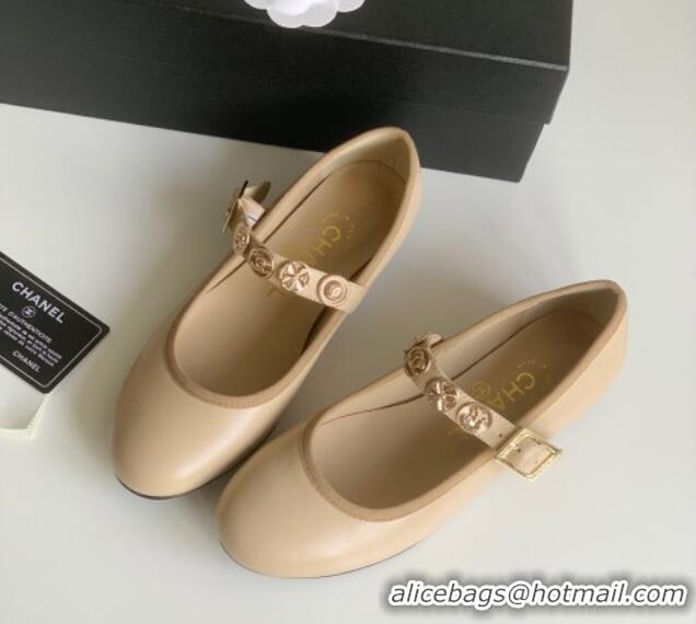 Best Grade Chanel Mary Janes Shoes with Badge in Calfskin Leather Beige 031106