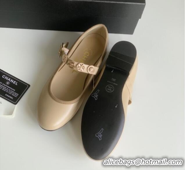 Best Grade Chanel Mary Janes Shoes with Badge in Calfskin Leather Beige 031106