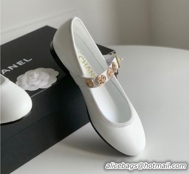 Grade Quality Chanel Mary Janes Shoes with Badge in Calfskin Leather White 031108