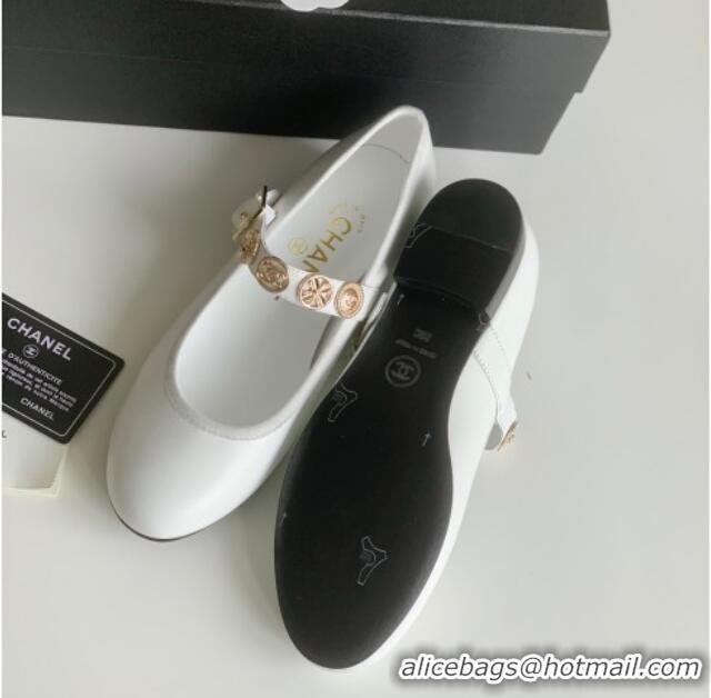 Grade Quality Chanel Mary Janes Shoes with Badge in Calfskin Leather White 031108