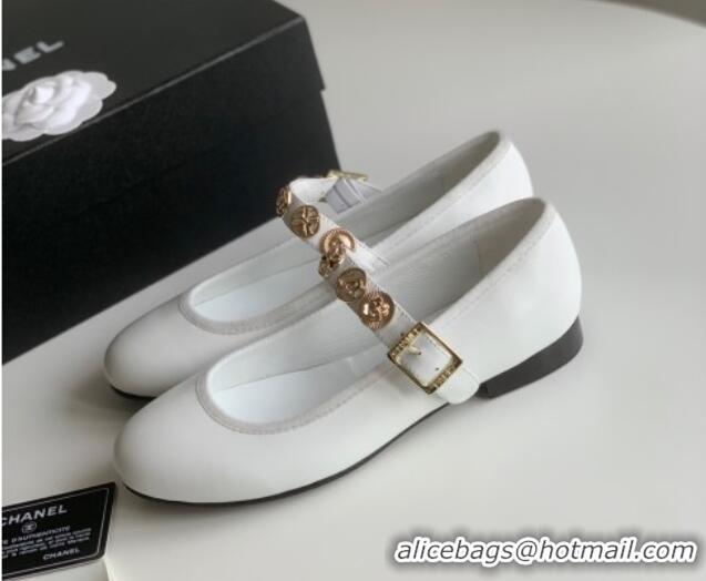 Grade Quality Chanel Mary Janes Shoes with Badge in Calfskin Leather White 031108