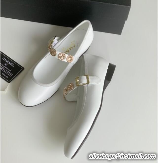 Grade Quality Chanel Mary Janes Shoes with Badge in Calfskin Leather White 031108