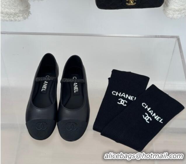 Best Price Chanel Lambskin Mary Janes Shoes with Tube Socks Black 031107