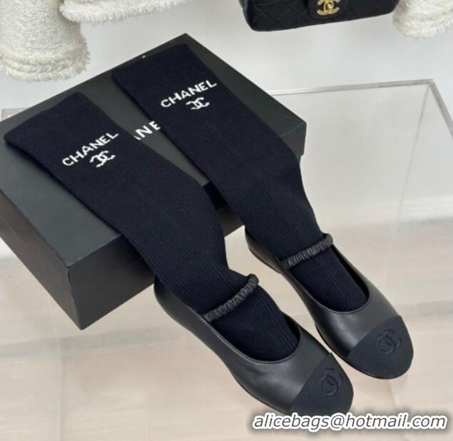 Best Price Chanel Lambskin Mary Janes Shoes with Tube Socks Black 031107