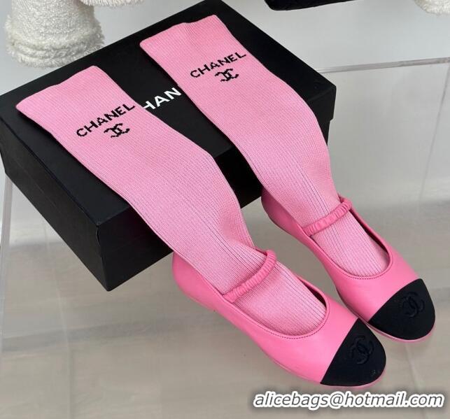 Pretty Style Chanel Lambskin Mary Janes Shoes with Tube Socks Pink 031110