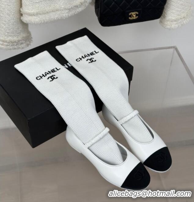 Generous Chanel Lambskin Mary Janes Shoes with Tube Socks White 031111