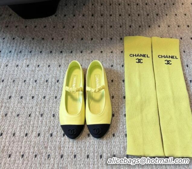 Buy Luxury Chanel Lambskin Mary Janes Shoes with Tube Socks Yellow 031112