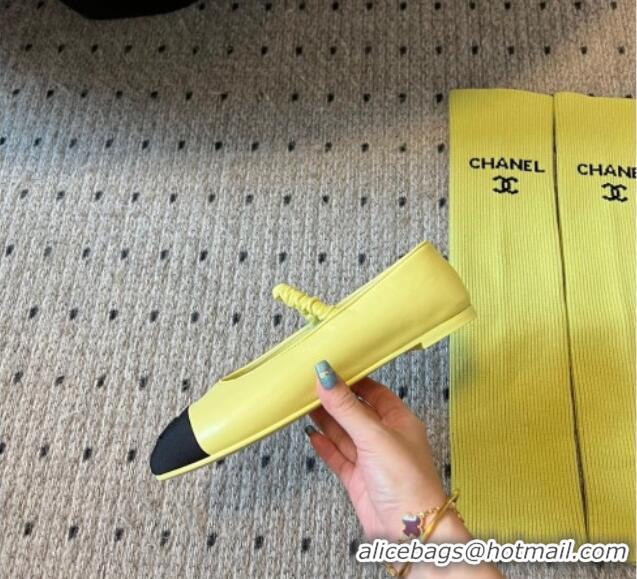 Buy Luxury Chanel Lambskin Mary Janes Shoes with Tube Socks Yellow 031112