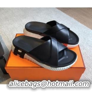 Luxury Hermes Infra Slide Sandals in Nappa Leather Black 226085