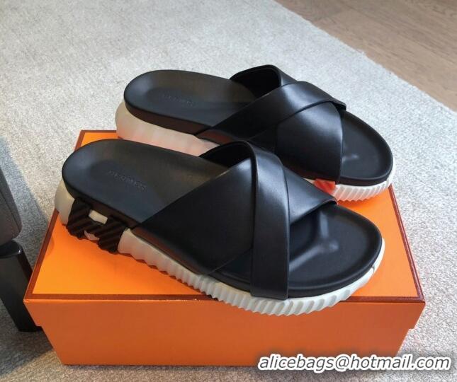 Luxury Hermes Infra Slide Sandals in Nappa Leather Black 226085