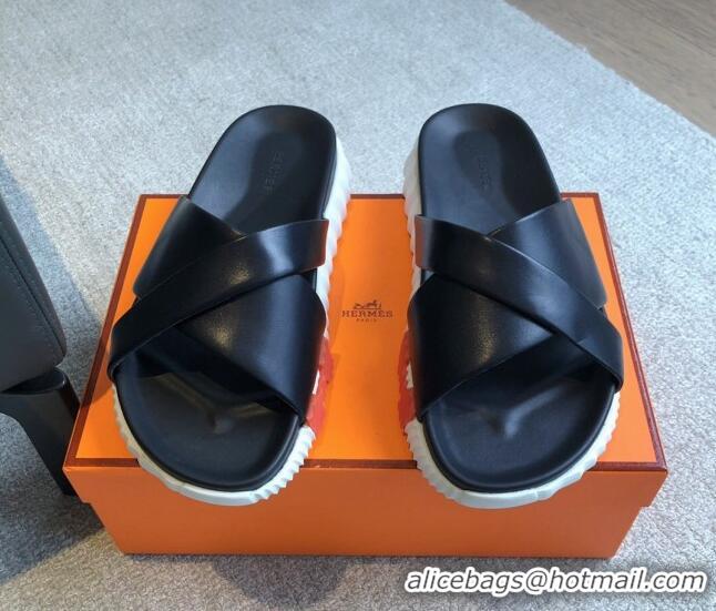 Luxury Hermes Infra Slide Sandals in Nappa Leather Black 226085