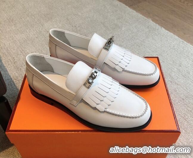 Good Looking Hermes Destin Loafers in Fringed Calfskin with Kelly Buckle White/Silver 226087