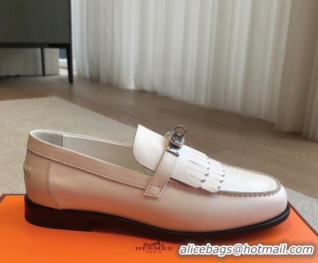 Good Looking Hermes Destin Loafers in Fringed Calfskin with Kelly Buckle White/Silver 226087