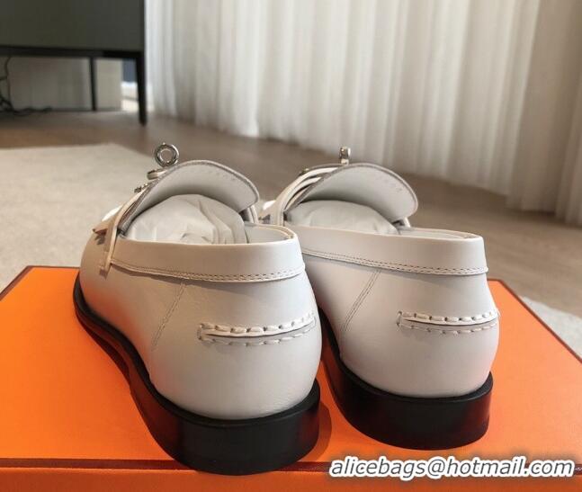 Good Looking Hermes Destin Loafers in Fringed Calfskin with Kelly Buckle White/Silver 226087