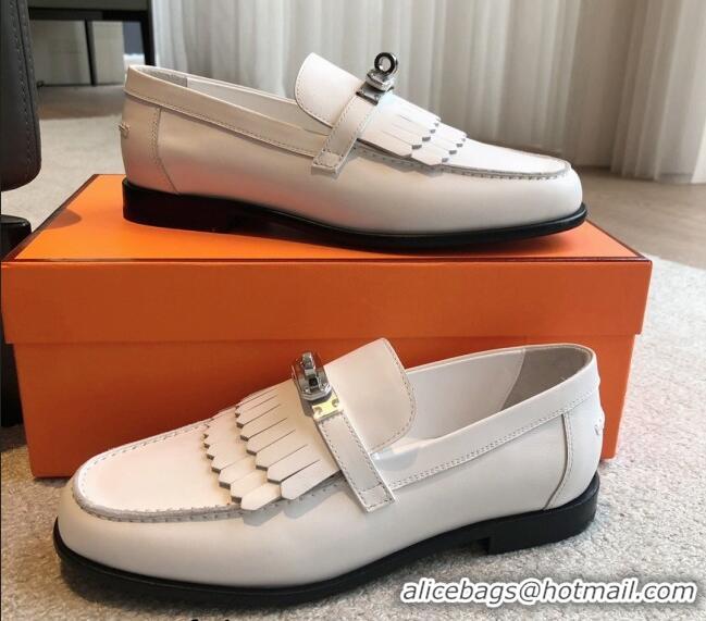 Good Looking Hermes Destin Loafers in Fringed Calfskin with Kelly Buckle White/Silver 226087