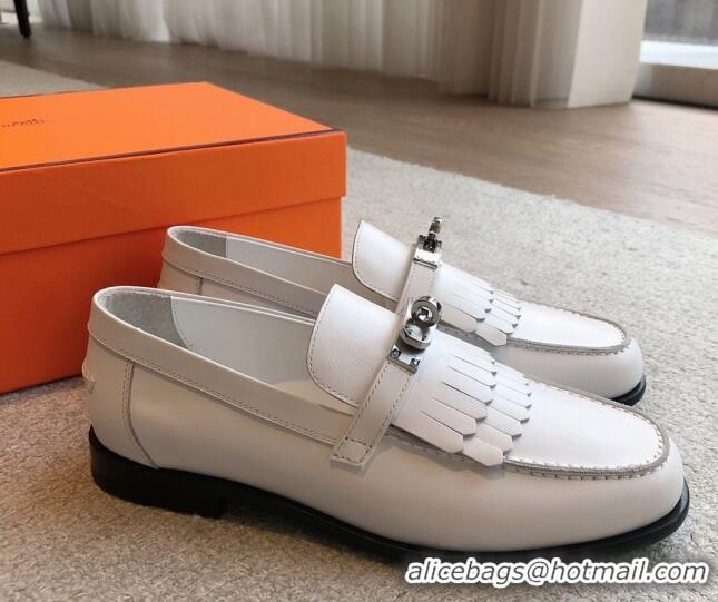 Good Looking Hermes Destin Loafers in Fringed Calfskin with Kelly Buckle White/Silver 226087