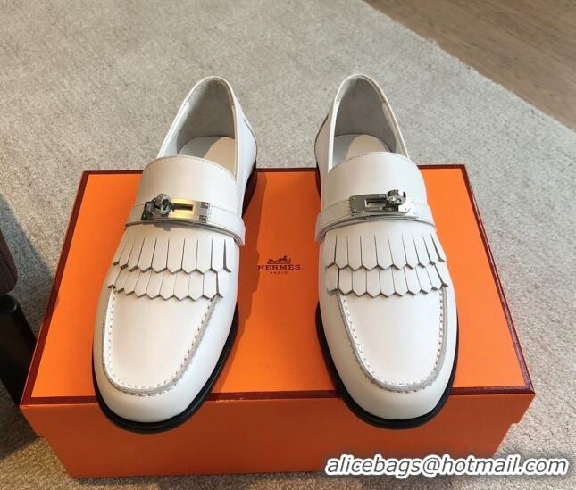 Good Looking Hermes Destin Loafers in Fringed Calfskin with Kelly Buckle White/Silver 226087