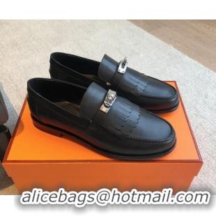 Unique Style Hermes Destin Loafers in Fringed Calfskin with Kelly Buckle Black/Silver 0226088