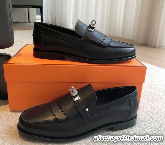 Unique Style Hermes Destin Loafers in Fringed Calfskin with Kelly Buckle Black/Silver 0226088