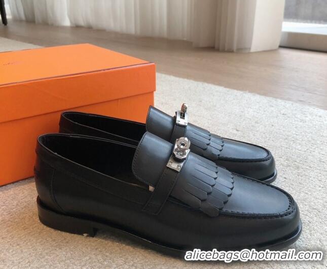 Unique Style Hermes Destin Loafers in Fringed Calfskin with Kelly Buckle Black/Silver 0226088