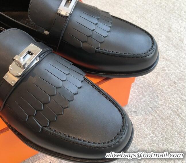 Unique Style Hermes Destin Loafers in Fringed Calfskin with Kelly Buckle Black/Silver 0226088