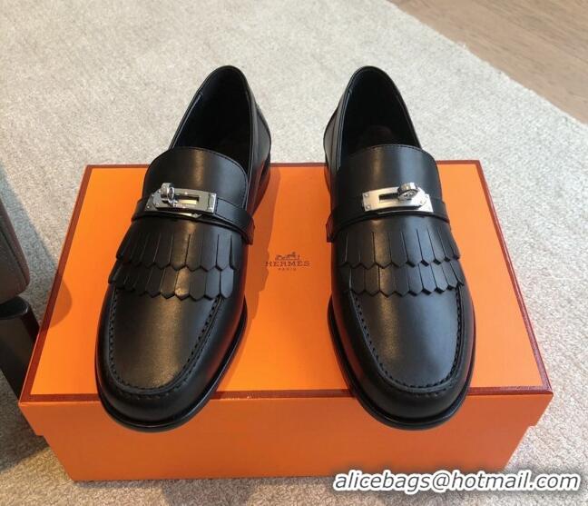 Unique Style Hermes Destin Loafers in Fringed Calfskin with Kelly Buckle Black/Silver 0226088