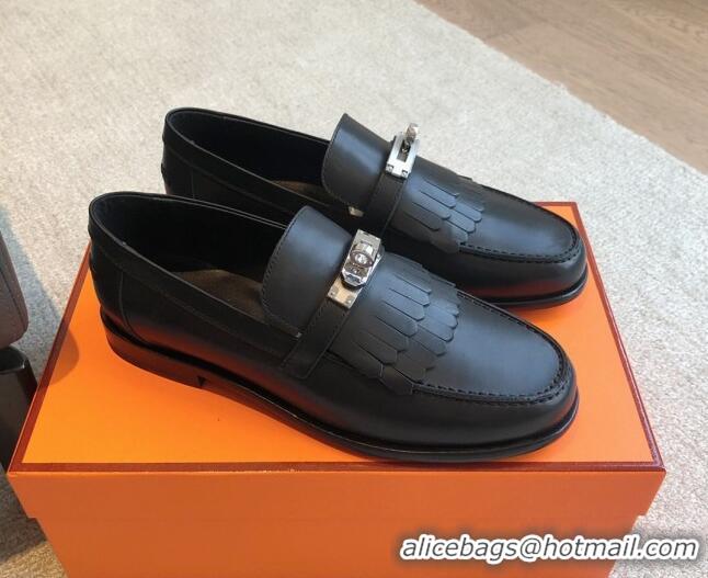 Unique Style Hermes Destin Loafers in Fringed Calfskin with Kelly Buckle Black/Silver 0226088