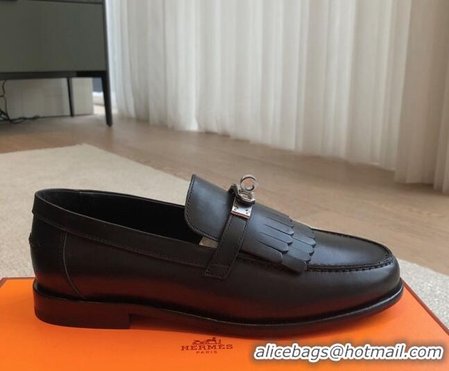 Unique Style Hermes Destin Loafers in Fringed Calfskin with Kelly Buckle Black/Silver 0226088