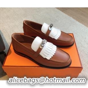 Shop Duplicate Hermes Destin Loafers in Fringed Calfskin with Kelly Buckle Brown/White 226089