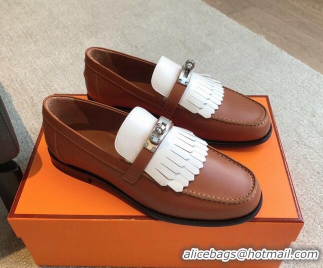 Shop Duplicate Hermes Destin Loafers in Fringed Calfskin with Kelly Buckle Brown/White 226089