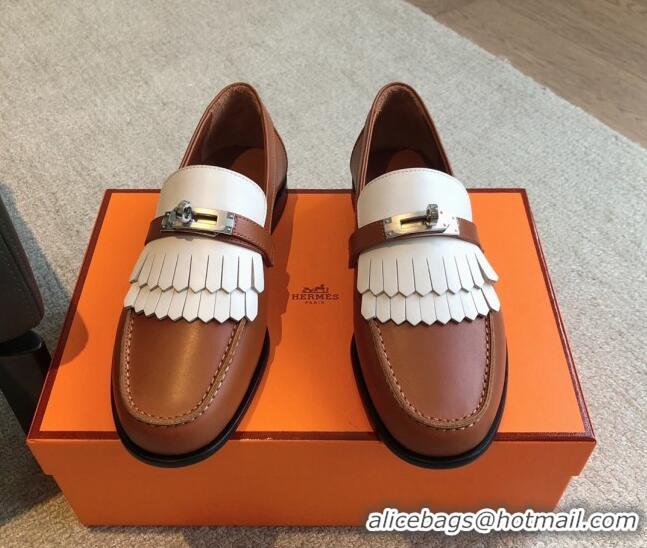 Shop Duplicate Hermes Destin Loafers in Fringed Calfskin with Kelly Buckle Brown/White 226089